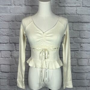 Kimchi Blue Urban Outfitters Women's S Ivory Ribbed Cropped Tie Front Top